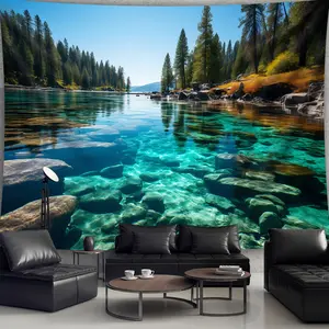 1pc Extra Large Fresh and Tranquil Forest Lake Rock Landscape Photo Tapestry - Polyester Aesthetic Wall Hanging for Living Room, Bedroom, Office, or Party Decor - Easy Install, No Power Needed, Landscape Decor