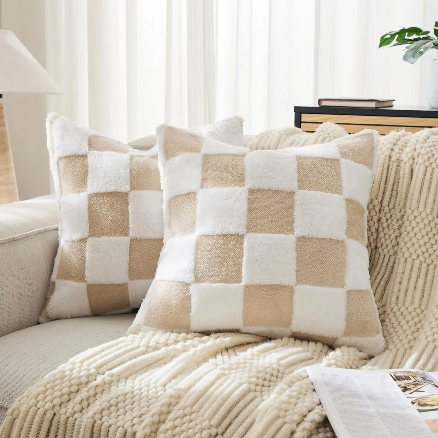 Plaid 2-Pack 18x18 in Checkered Fluffy Jacquard Shag Cushion Covers, Beige Sand Boho Soft Cases for Couch, Bedroom Home Decor