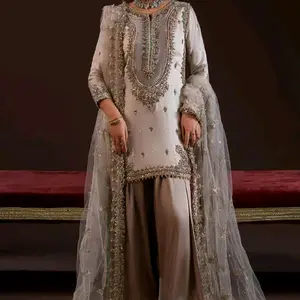 Elegant Embroidered Gown with Long Sleeves and Sheer Netting for Women