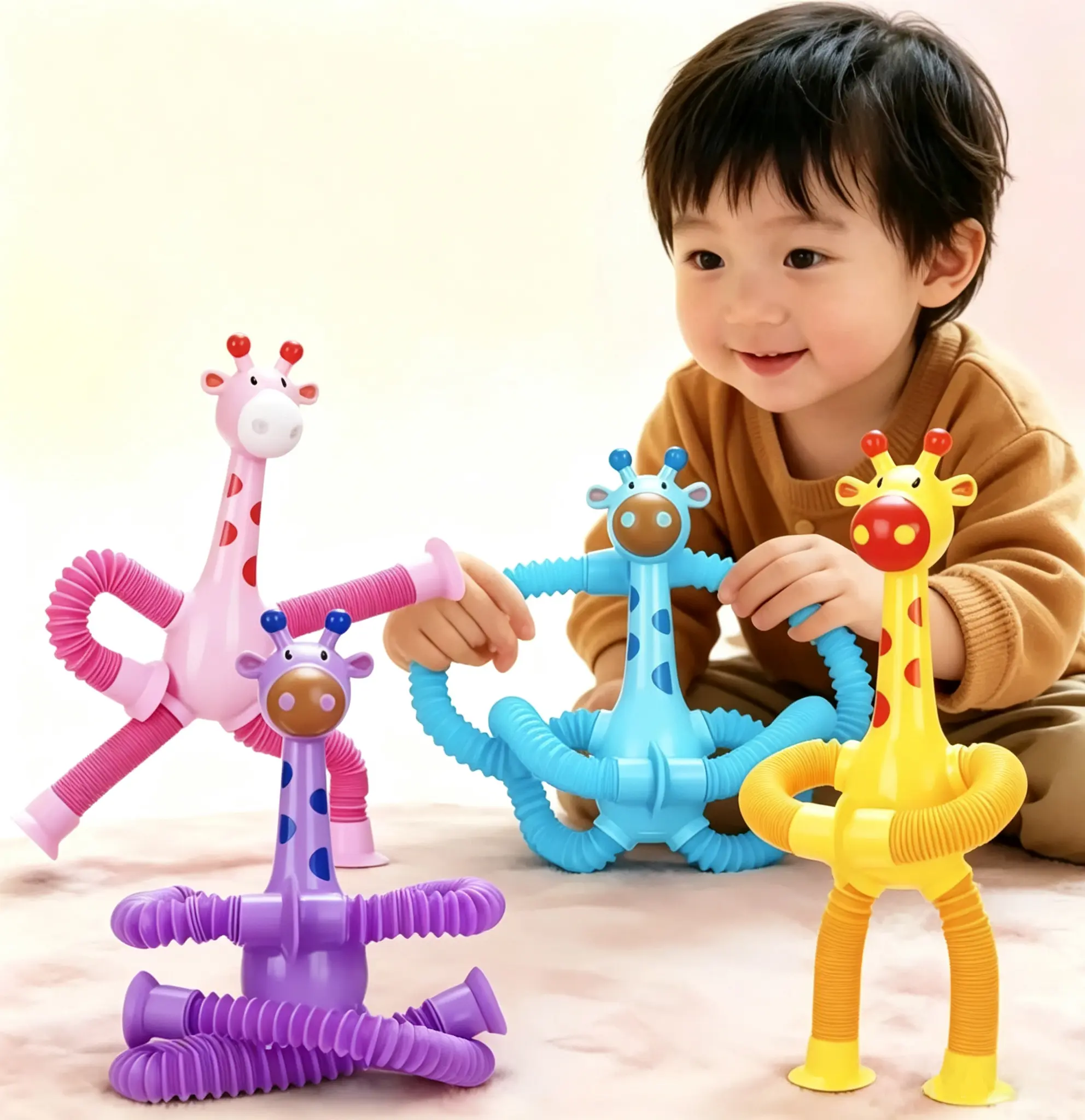 4 Pcs ABS Plastic Giraffe Robot Pop Tubes Stress Toys - Telescopic Suction Cup Sensory Fidget Toys, Unisex 4-6 Years Kids’ Motor Skills Enhancer, Screen-Free Travel (Airplane/Road Trip/Car) Essential, Stocking Stuffers