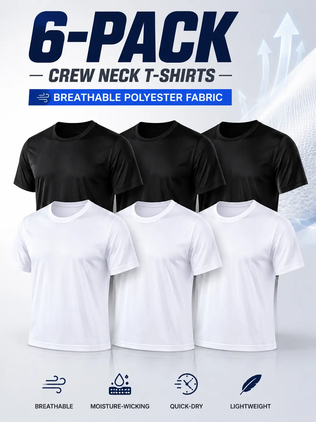 Men's 6-Pack Classic Regular Fit Plain Polyester Mesh Fabric Crew Neck Short-Sleeve T-Shirts - Quick-Drying, Moisture-Wicking, Breathable, Cool, 4-Way Stretch Athleisure Wear Athletic Layer - Affordable Fashion for Gym, Running, Shortsleeve, Tops, Casual,