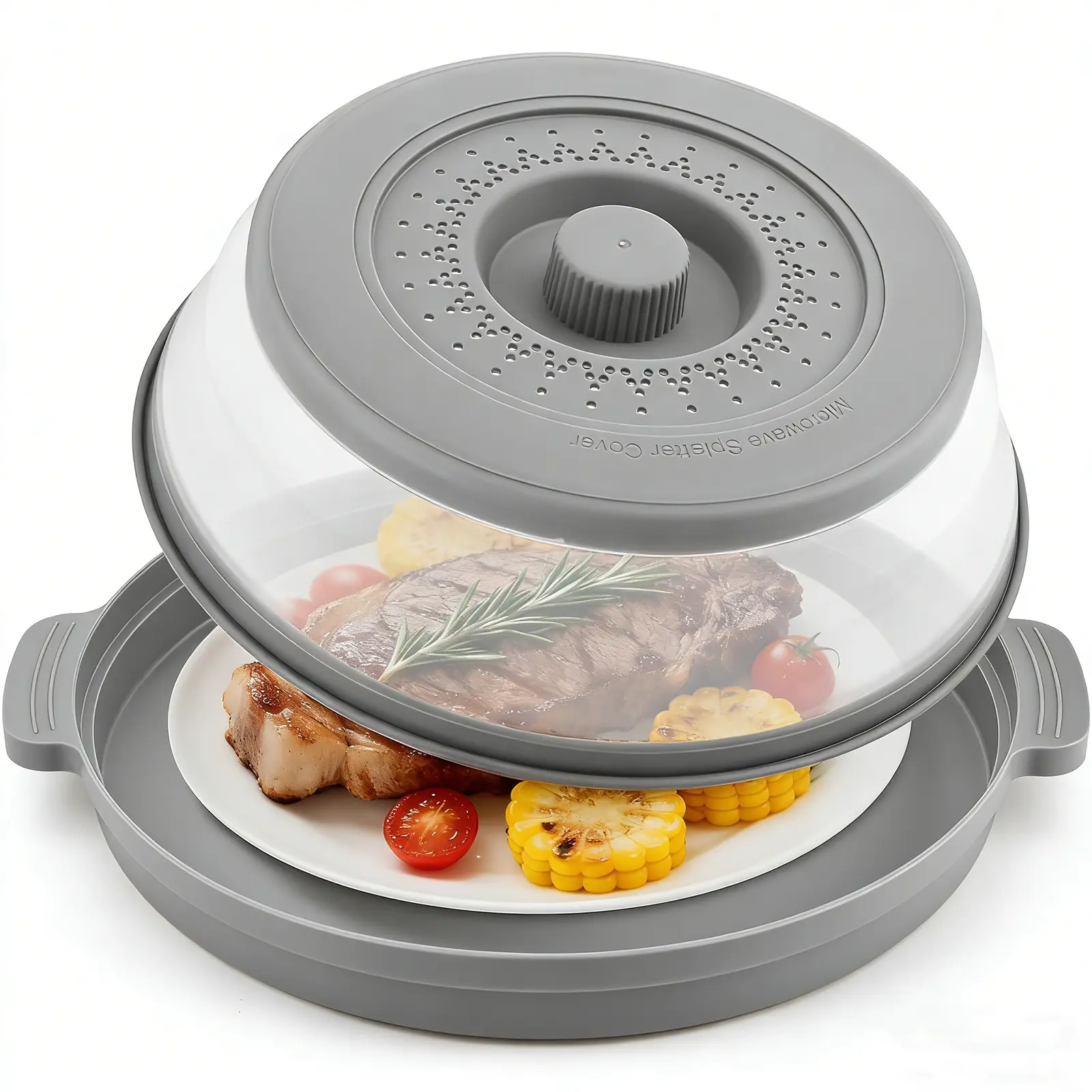 10.7in BPA-Free Silicone Kitchen Food Microwave & Oven Splash Cover, Lightweight Plastic Anti-Scald Bottom Plate, Large Foldable Strainer-Free Vent Protective Tool for Pre-Meal Heating (Gray)