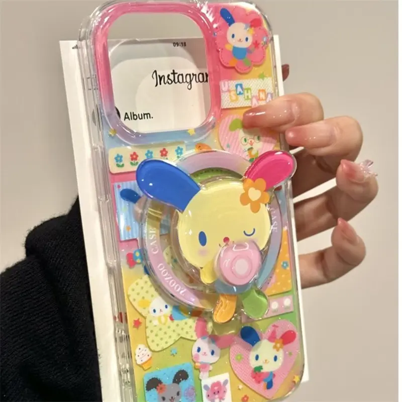 Color-Spliced Magnetic Ear Rabbit Smartphone Casing with Rotating Magnetic Bracket for iPhone 11-17 Pro Max, Compatible with Handheld Cellphone Devices