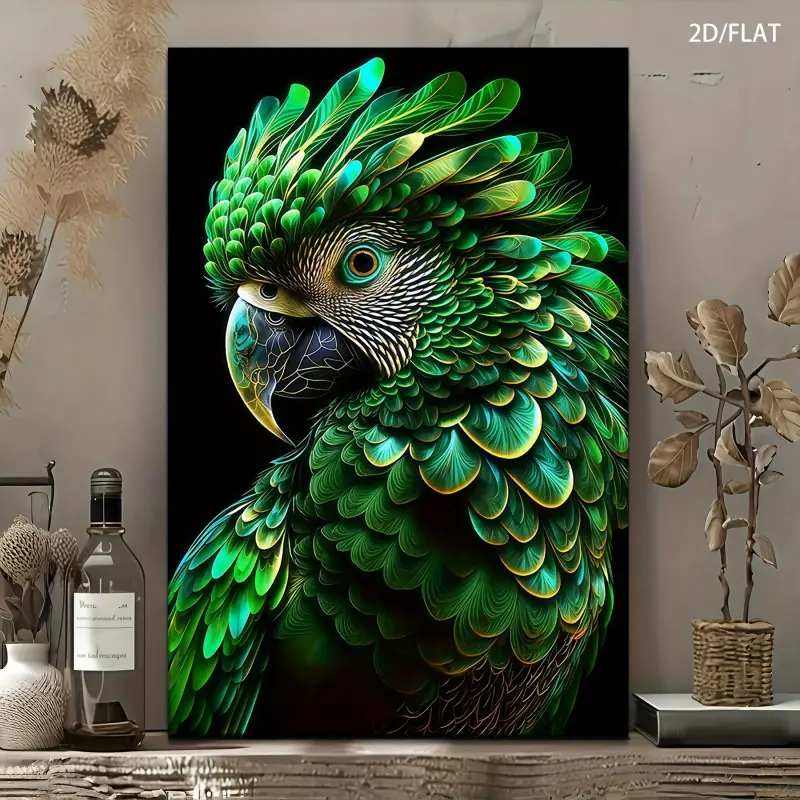 2D Flat - 1 Piece with Frame Green Feathered Parrot Canvas Print Wall Art Direct Hanging Decorative Painting, Suitable for Living Room, Dining Room, Corridor, Office, Bedroom Decoration, Room Decoration, Wall Decoration, Home Decoration