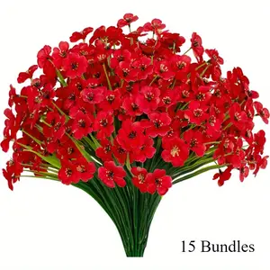 15 Bundles UV-Resistant Artificial Flowers Outdoor/Indoor - Realistic Fake Plants with Red Blooms Green Foliage, All-Season Faux Greenery Stems for Garden, Porch, Window Box, Home Decor - Durable Plastic Stems for Fall