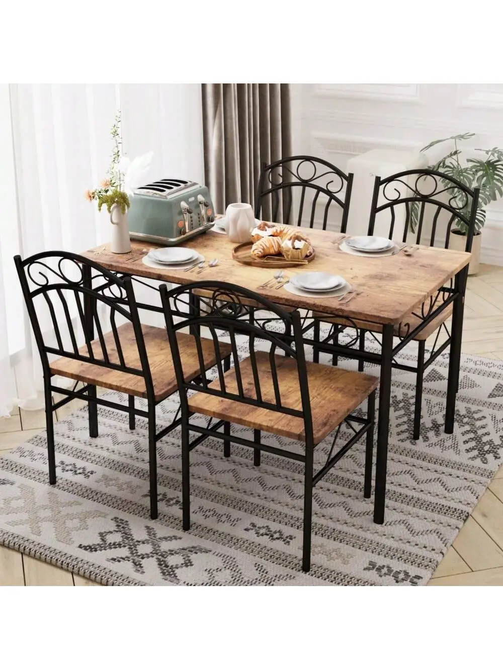 Gaomon 5-Piece Dining Table Set of 4, Rectangular Modern Vintage Indoor Dinette, Compact Small Space Furniture for Breakfast Use, Rustic, Four Chairs