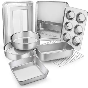 Stainless Steel Baking Pan Set, 9-Piece Bakeware Sets for Cake Cookie Loaf Muffin, Include Round, Square, Rectangle Baking Sheet Pan with Lid & Cooling Rack, Dishwasher Safe