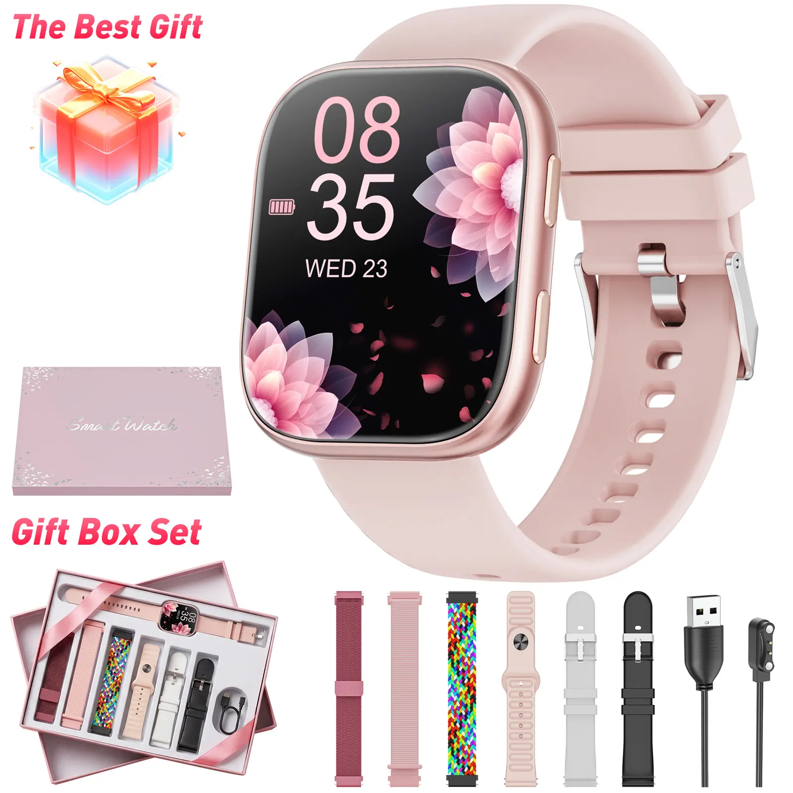 Womens Luxury Dainty Smart Watch 1.83-in AMOLED Touchscreen Fitness Tracker with Bluetooth Calling, Heart Rate/Sleep Monitor, 100+ Sports Modes, IP67 Waterproof for Android & iOS (7-in-1 Gift Set, Multi-Parameter Smart Watch)