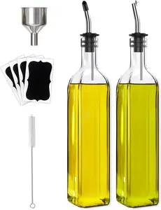 Olive Oil Dispenser Bottle, 2 Pcs Glass Olive Oil Dispenser and Vinegar Dispenser Set with 2 Stainless Steel Pourers, 4 Labels,1 Brush and 1 Funnel Oil Bottles for Kitchen (500ml)