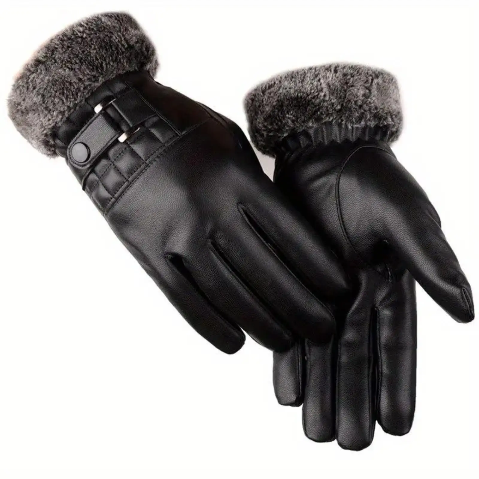Men's Plain PU Faux Leather Touch Screen Winter Gloves - Fleece Fully-Lined, Thick Insulating, Pull-On Closure, Non-Textile, Low-Temperature Fitted, Outdoor Use, Christmas Gift, Fully-Lined Men's Gloves, Insulating Men's Gloves