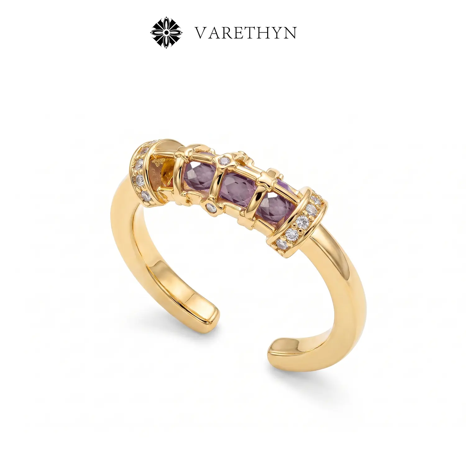 14K Gold Plated Lucky Purple 4-Leaf Clover Adjustable Stackable Artificial Gemstone Ring for Her