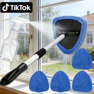 Windshield Cleaning Tool for Car Interior Glass, Car Window Cleaner Tool with Extendable Handle & 180° Swivel Head, Streak-Free Auto Glass Cleaner Kit with Reusable Microfiber Pads & Spray Bottle, Car Accessories for SUV Truck