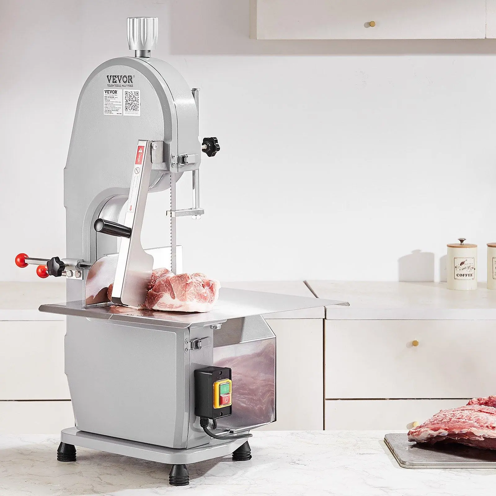 【Summerfinds】VEVOR Commercial Electric Meat Bandsaw Slicer1500W Stainless Steel Countertop Bone Sawing Machine19.3"x15" Workbench0.16-7.9" Cutting ThicknessFrozen Meat Cutter with 6 Blades for RibsPorkBeefMeat Slicer, Meat Slicer