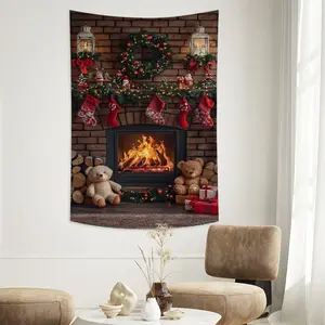 Warm Christmas Fireplace Tapestry Wall Decor, Cozy Holiday Scene with Stockings & Teddy Bears Wall Hanging, Trendy Festive & Winter Aesthetic, Viral TikTok Room Must-Have, Lightweight & Easy to Hang, Christmas Fireplace Art Tapestry for Home, Living Room,