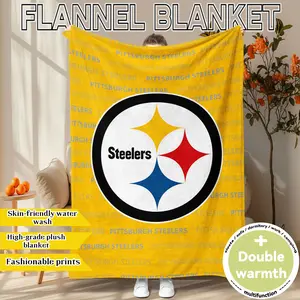"Pittsburgh Steelers" print. NFL Super Bowl themed flannel blanket Throw Blanket. Soft, plush, and oversized for warmth. Ideal for home, office, travel, or as a holiday gift. All-season use and machine washable.