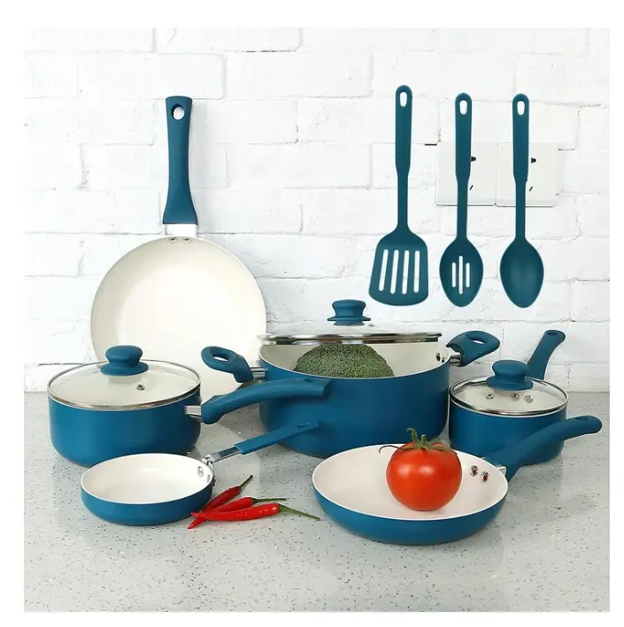 Corsair Blue Nonstick Ceramic Aluminum 12 Pieces Cookware Set glass lid green lightweight
