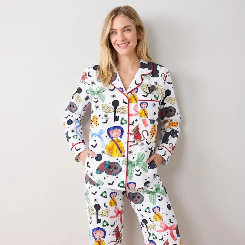 Coraline Satin Pajama Set, Halloween Silk Sleepwear, Spooky Movie Lounge Set, Cute Birthday Halloween Gift for Her