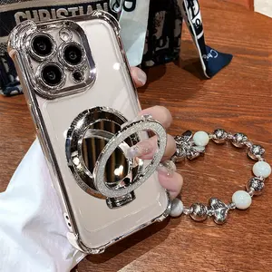 Women's Phone Case with Mirror & Stand for iPhone&Samsung. Features a silver chrome alloy frame, high-definition transparent material, reinforced corner protection, and full-body drop-resistant design.