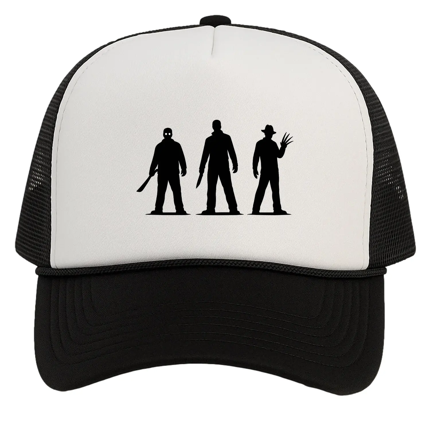 Horror Hat Silhouette Trucker Snapback Halloween Slasher Cap Black White