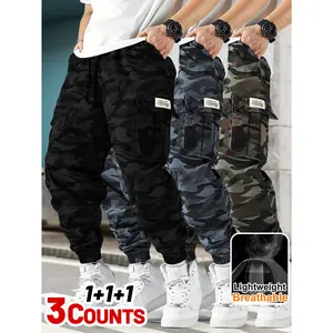 3pcs Men's Christmas Black Friday Outdoor Casual Camouflage Cargo Pants, Lightweight Thin Style, Comfortable and Breathable Non-Stretch Woven Fabric, Regular Fit with Drawstring Waist and Flap Pockets, Suitable for Spring and Autumn Daily Outdoor