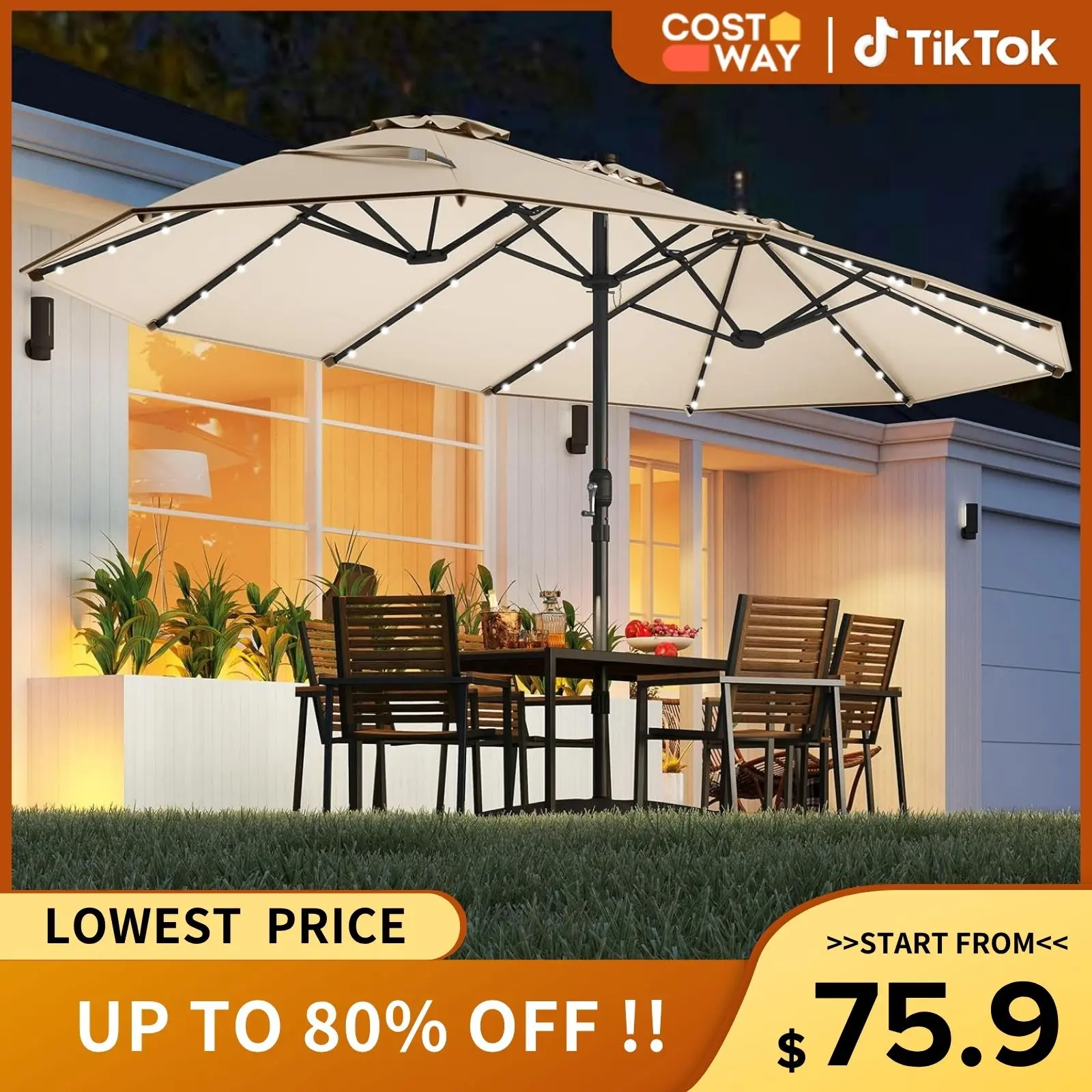 【Solar Led Lights】COSTWAY 13/15ft Large Patio Umbrella, Extra Large Outdoor Double-Sided Twin Umbrella with Base & 36 LED Lights & Crank Handle for Garden, Deck, Poolside, Patio