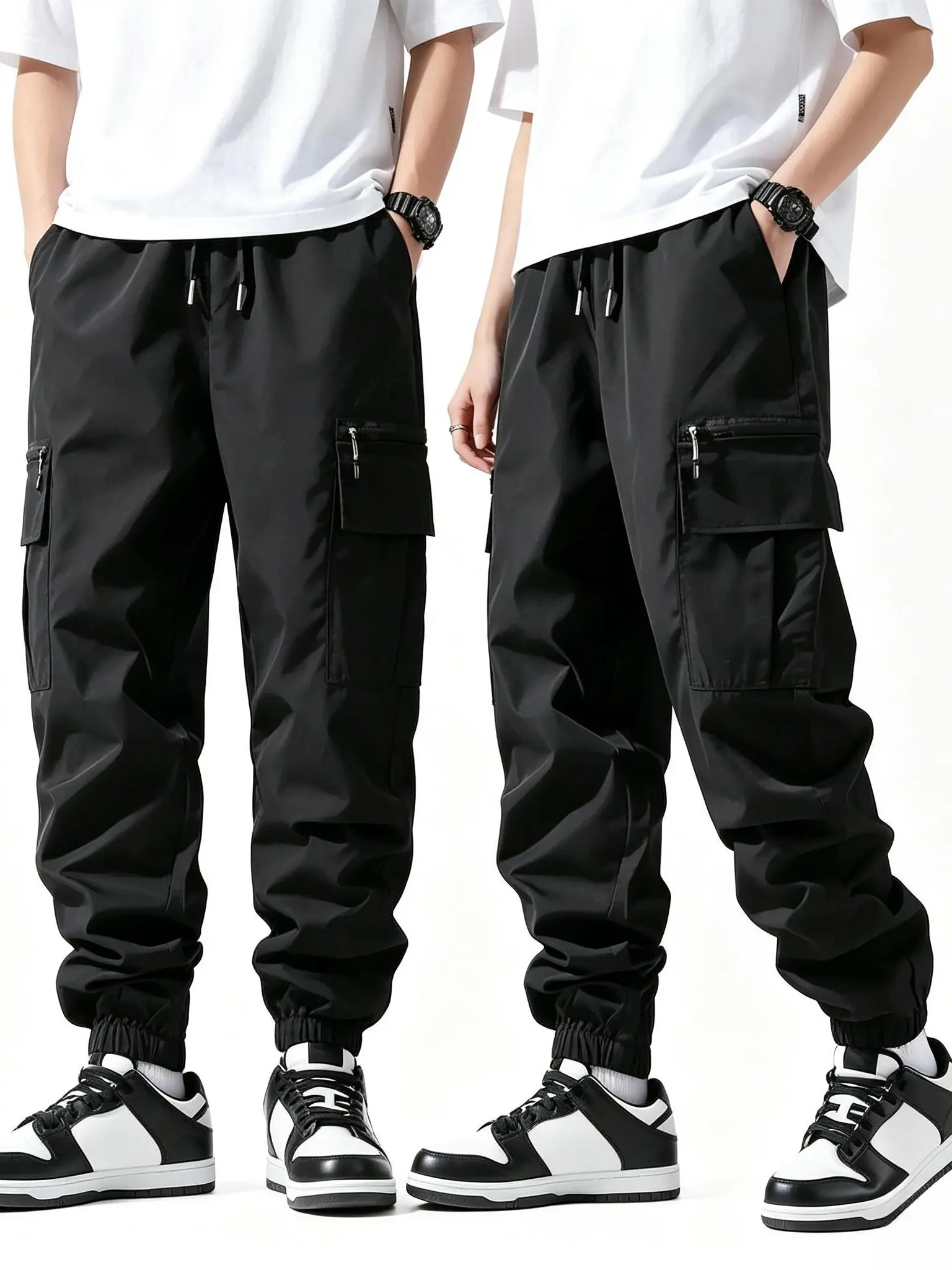 Men's 2PC Solid Multi-Pocket Cargo  - Menswear, Comfy Oversized Streetwear Trousers, Athletic Monochromatic Multi-Size All-Match Casual Outdoor Bottoms, Athletic Men's  versatile long  trendy brand men Breathable Linen Wide Leg Loose Fit Sweatpants