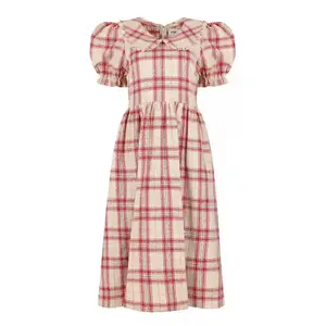 Pyper Oversized Collar Cotton Puff Sleeve Midi Dress - Red Plaid