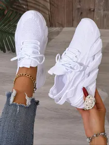 Women's 2026 Spring Summer New Arrival White Knit Sneakers — Cloud-Like Cushion Thick Sole Lace-Up Walking Shoes with Mountaincore Style, Lightweight & Non-Slip for Hiking Trails, City Streets & Daily Comfort