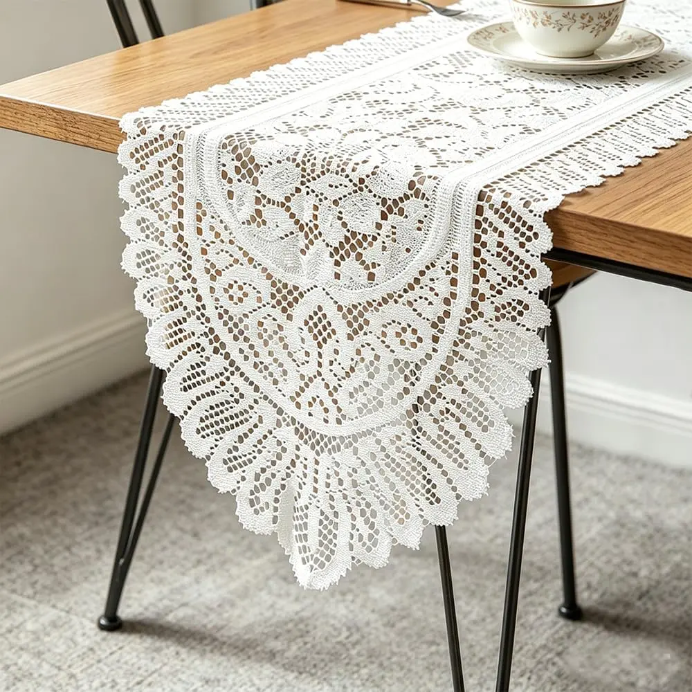 2-Pack Cotton Crochet Lace Rectangular Table Runner - 2-Piece Set for Home, House Decor, Kitchen Decor Ideas, Dresser Scarf, Doilies (White, 13" X 44", Lace Detail)