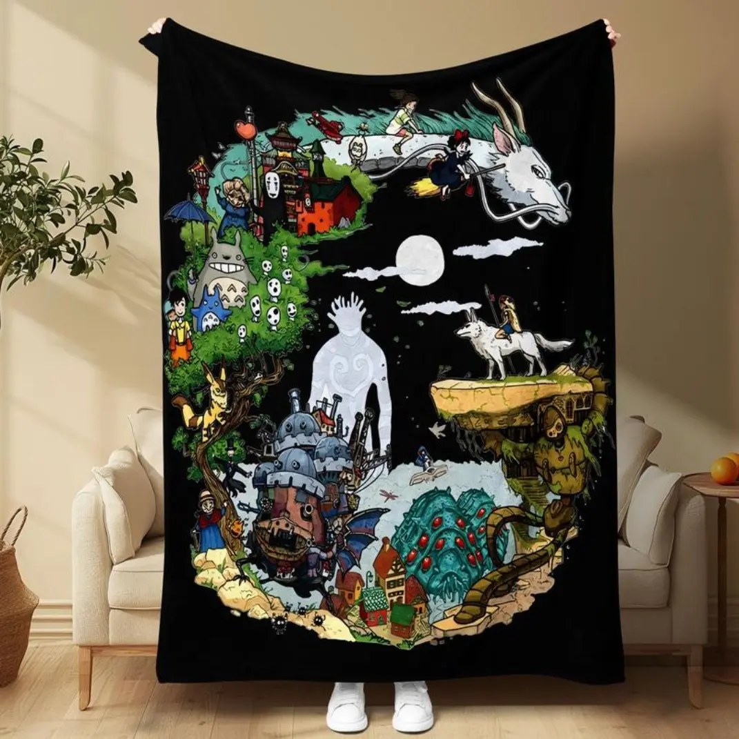 Studio Ghibli Characters Pattern Blanket, 1 Count Soft, Air-conditioned Room Blanket, Warm Nap Blanket for Home & Office, Cartoon Pattern Blanket  Lightweight, comfortable, skin-friendly, and breathable