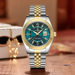 Men’s Luxury Business Quartz Watch, Fluted Gold Bezel Watch Bangle, Rhinestone Inlaid Green Dial with Magnified Date Window, Luminous Waterproof Vintage Big Watch for Male, Prestige Success Accessory, Exclusive Watch Store Holiday Gift Watch Deals