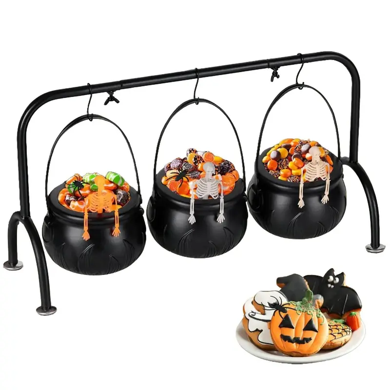 Halloween Tabletop Decoration Set of 3 Skeleton Cauldron Candy Bowls with Rack for Spooky Fun with Skeletons and Pumpkins Plastic Material