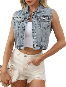 LifeShe Denim Vest Women Cropped Denim Vest Jacket Blue Jean Sleeveless Y2K Waistcoat Casual Gilet with Pockets