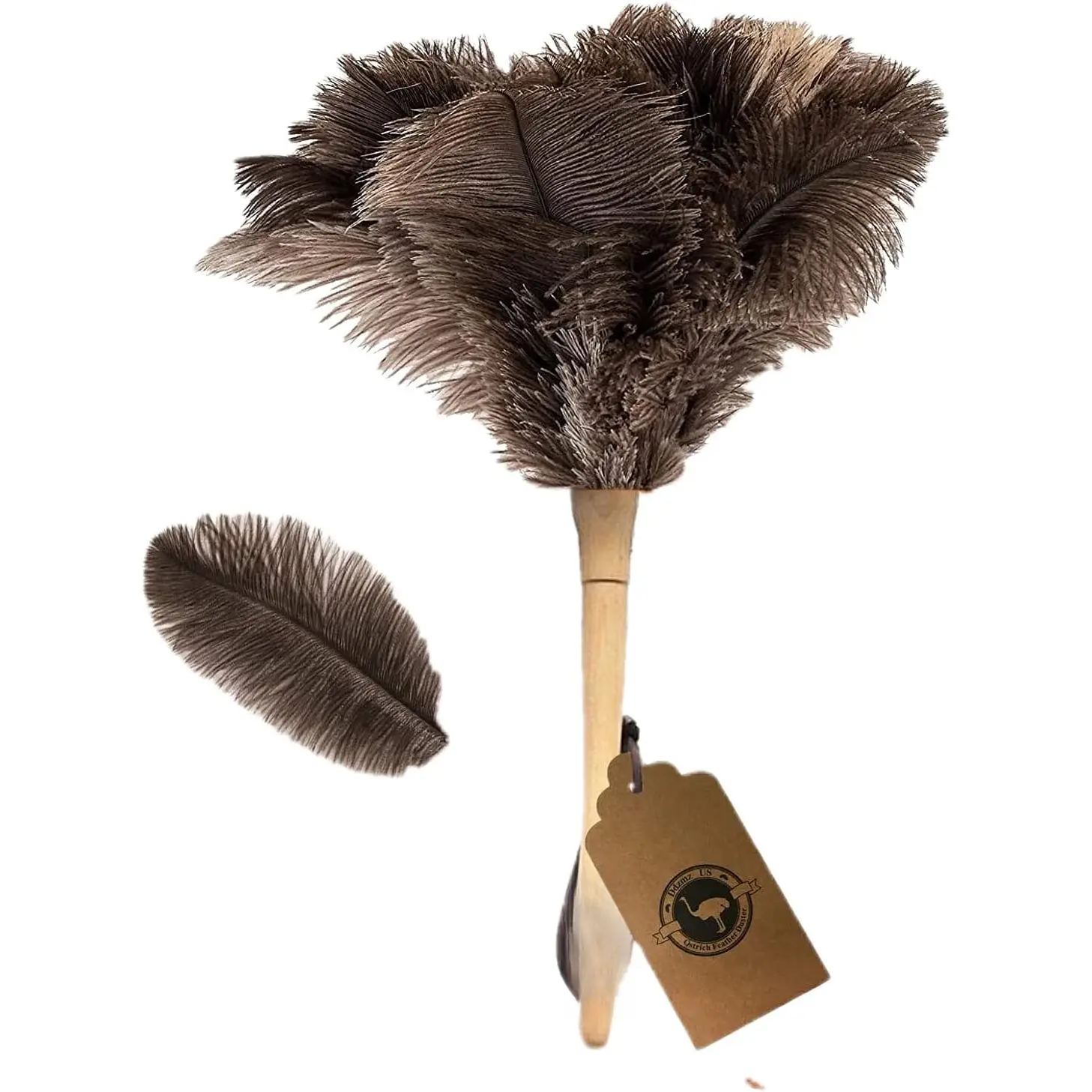Duster,  Dusters for Cleaning  Fluffy  Genuine Ostrich Feathers with Wooden Handle  Handheld Ostrich  Duster Cleaning Supplies, Gray and Brown(Length 16")