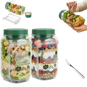【Free Fork Set】1000ml Large Salad Jar Mason Jar Salad Bowl with Side Opening & Dressing Compartment Leak-Proof Portable Container Microwave & Dishwasher Safe for Home Office Travel bento box,Summervibes