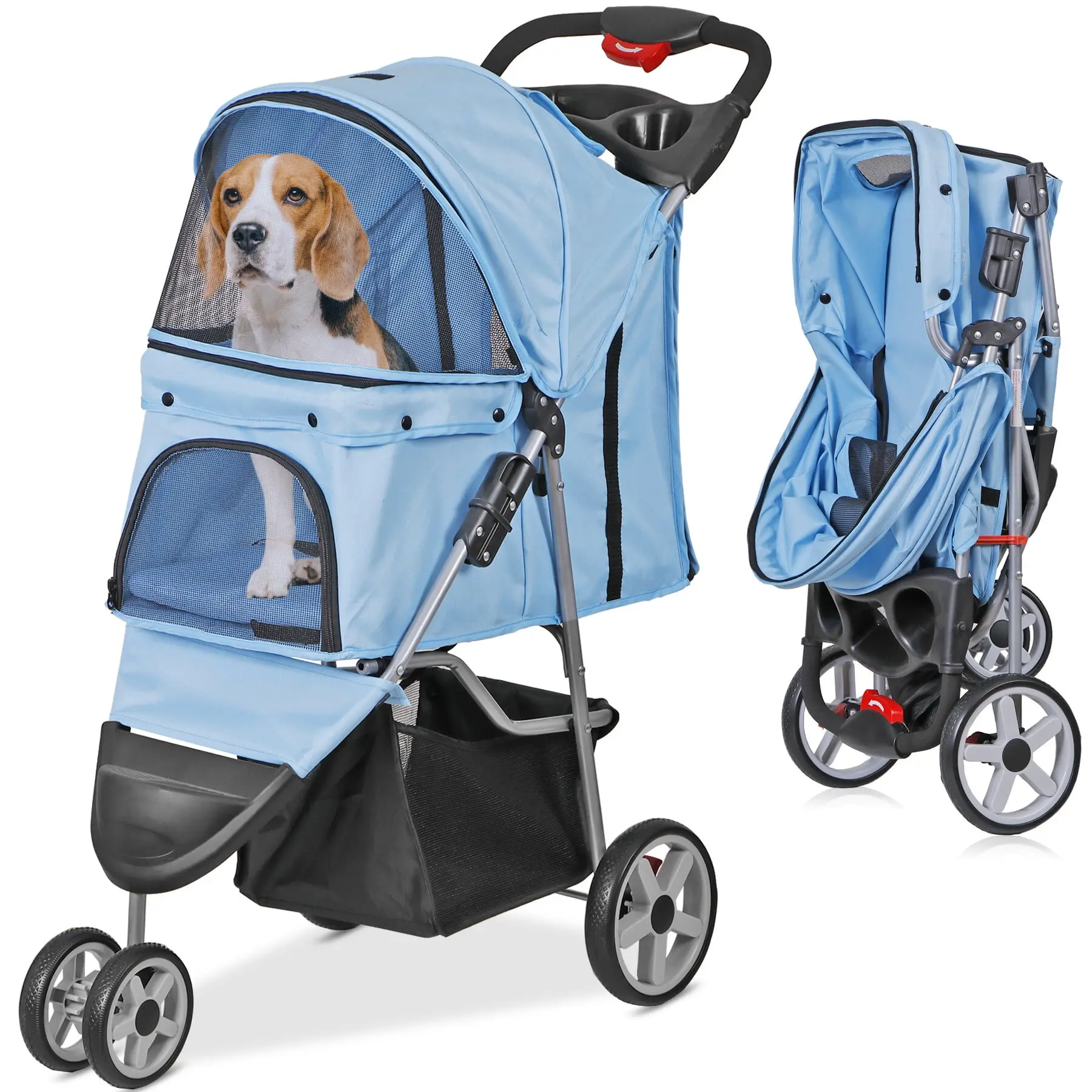 Pet Republic Oxford Cloth 3-Wheel Foldable Puppy Stroller for Small Dogs (Max 33lbs) - Dog Travel Carrier Accessory with Storage Basket, Tray, Blue