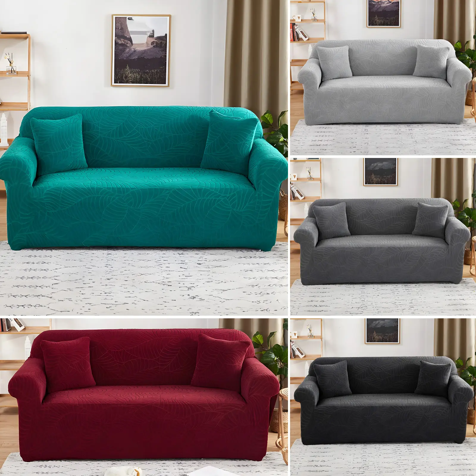 Pure Color Leaf Jacquard Sofa Cover, Sofa Couch Covers, Stretch Sofa Cover Dustproof Slipcover for Living Room Outdoor Single Twin Triple Quad Armchair, All Seasons Washable