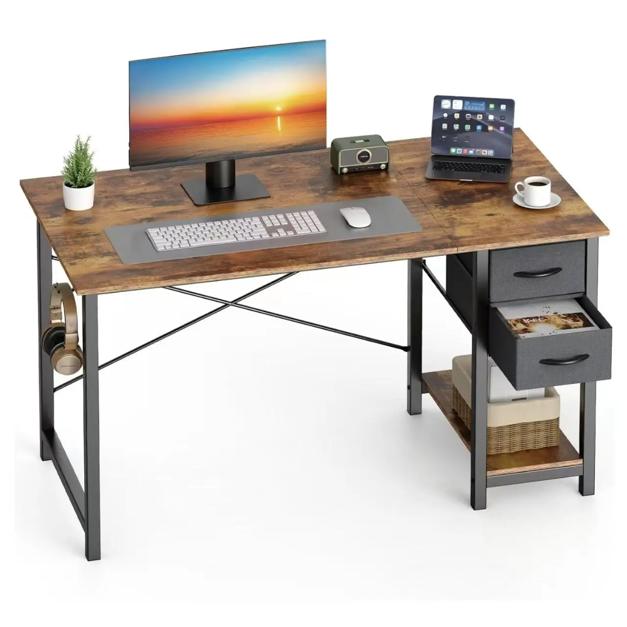 Home Office Computer Desk with Drawers, 40 Inch Writing Desk with X-Frame Reinforcement, Study Work Table with Side Hook for Laptop PC, Sturdy Metal Frame