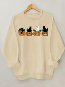 Women's Cartoon Cat & Pumpkin Print Crew Neck Sweatshirt, Casual Drop Shoulder Long Sleeve Pullover, Women's Fall & Winter Clothes for Daily Wear, Halloween