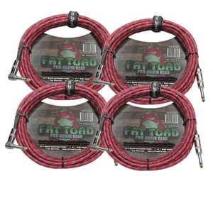 Guitar Cords (4 Pack) Right Angle to Straight-End Instrument Cable Tweed Cloth Jacket by FAT TOAD | Braided Woven 20FT 1/4 Inch Jack TS for Electric Guitar, Bass, AMP | Shielded 24 AWG Patch Conductor