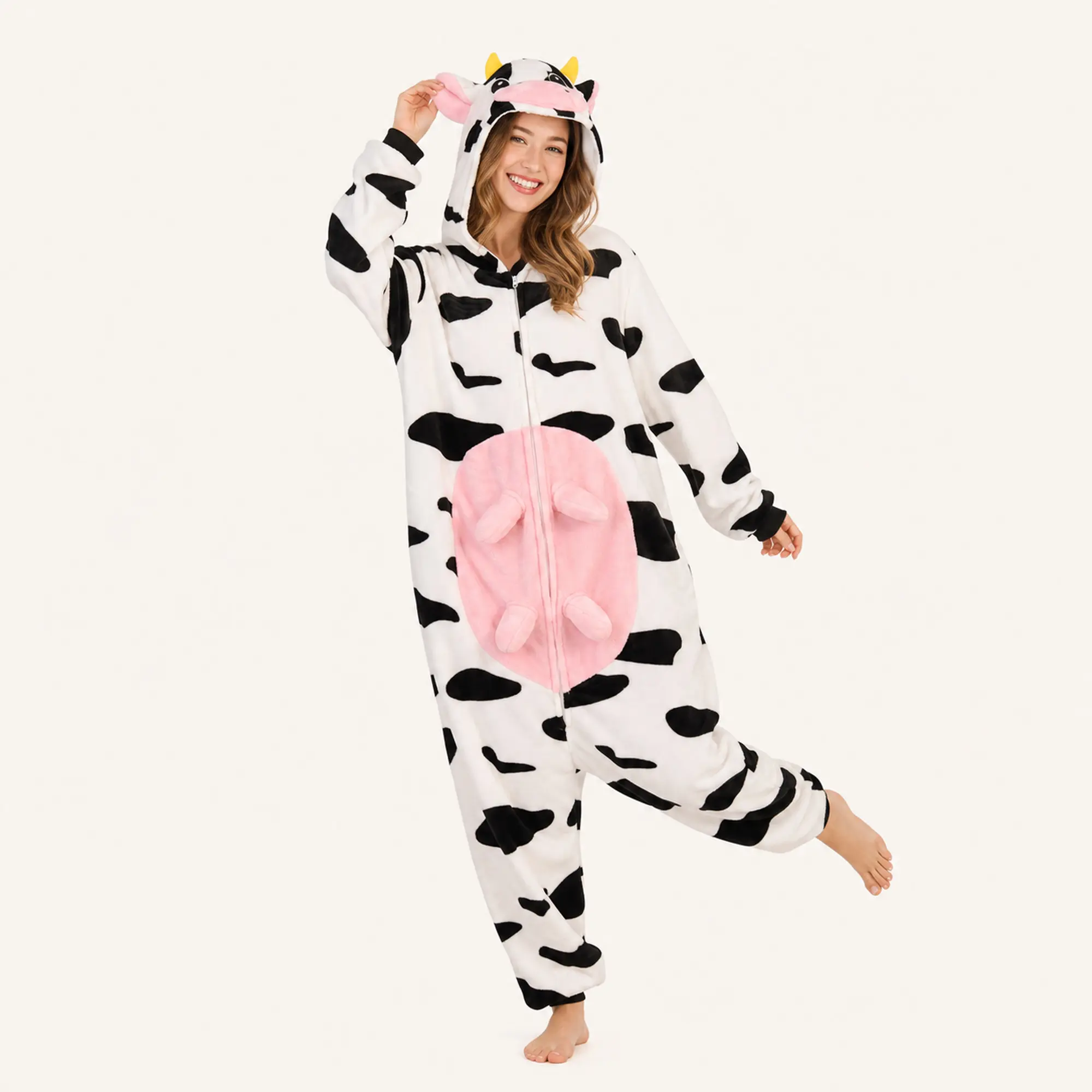 Fleece Long Sleeve Pink Cow Kigurumi Onesie, Comfortable Sleepwear & Loungewear