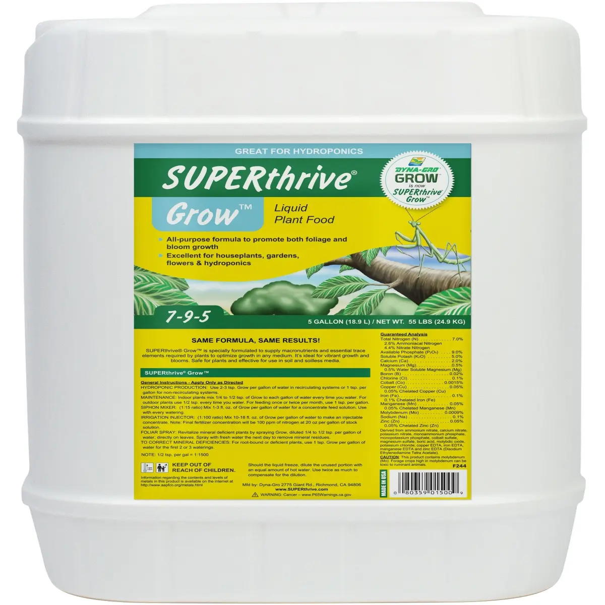 SuperThrive DYNDGRO500 Liquid Plant Food, 7-9-5 NPK Formula, 5 gal, Rapid Cure for Nutrient Deficiencies, Replenish Lost Minerals