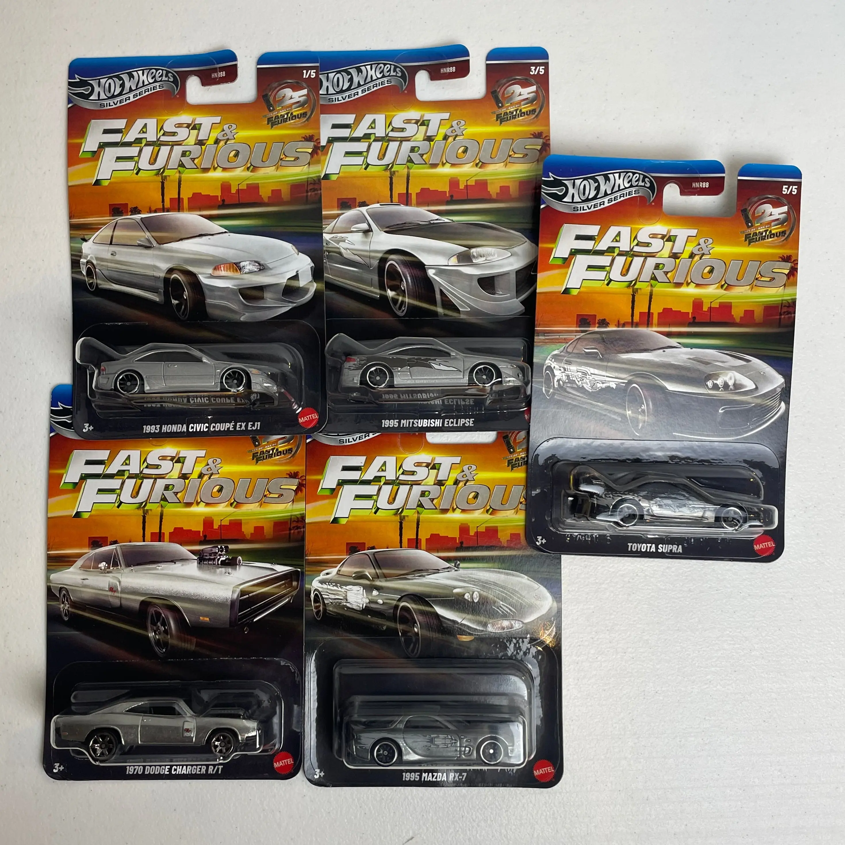 Hot Wheels 1:64 Fast & Furious Silver Series 25th Anniversary Silver Set of 5