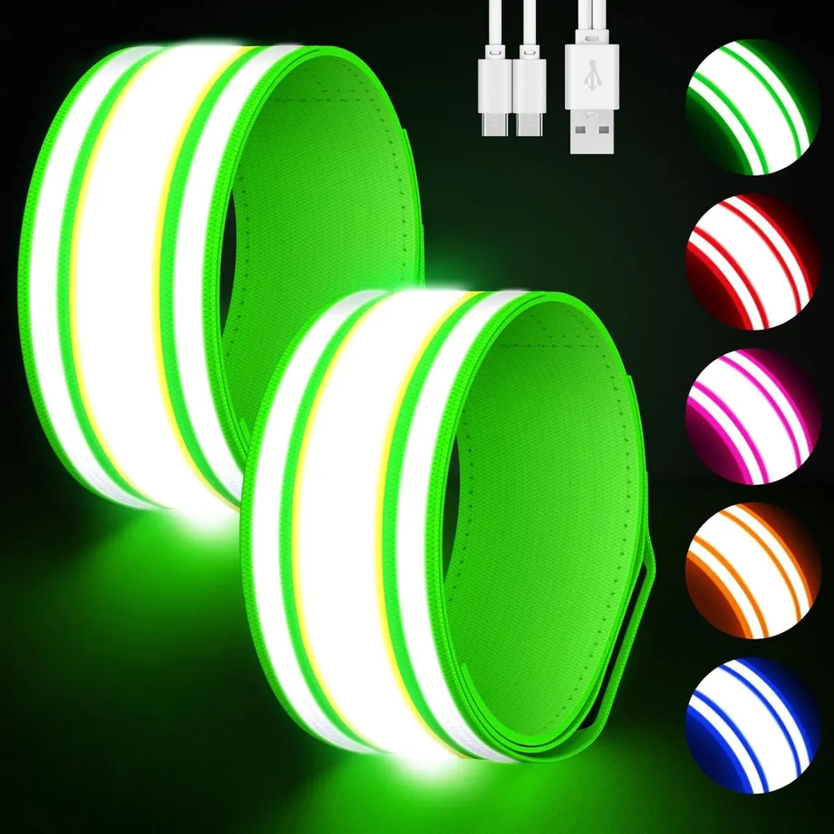 2-Pack Luminous LED Running Armbands, USB Rechargeable Nylon Safety Lights with 5 Colors & 3 Modes, Adjustable Long-Lasting Gear for Runners and Cyclists, Lightweight