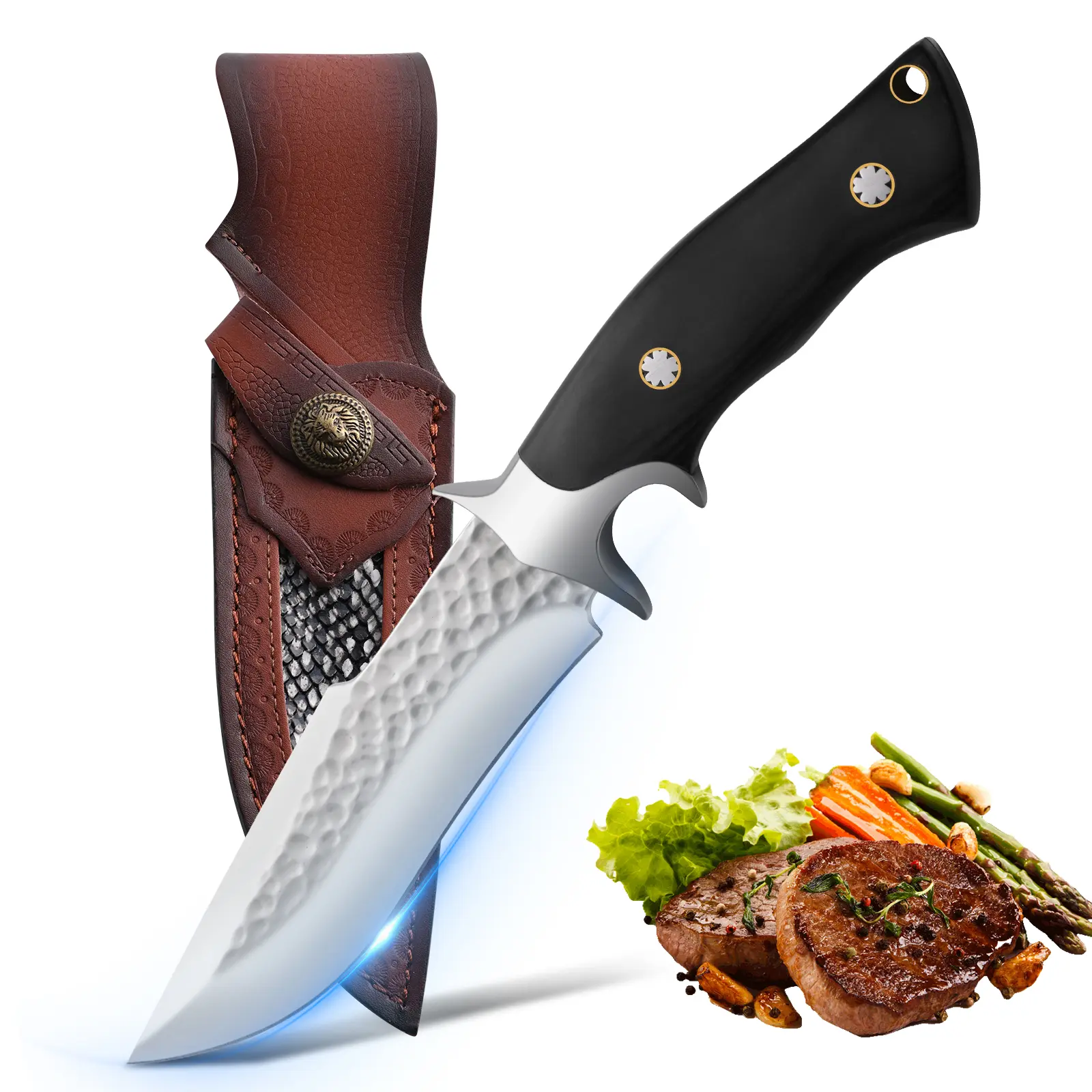 Household multi-functional knife, thickened hammer pattern forged one-piece fixed knife, outdoor camping portable knife, indoor cutting knife, finely polished collection gift knife scabbard holiday gift, barbecue knife. Fruit steak knife.