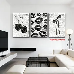 3pcs Vintage Prints Text Background Cherry Sexy Lip Print Bowknot Elements, Style Bedroom Living Room Minimalist Triptych Decorative Paintings Wooden Wall Art Personalized Wall Art Artistic Decoration Vintage Design Unique Artwork Wall Decor Pictures