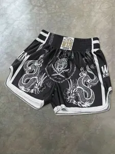 Vintage street-style men's Muay Thai shorts with dragon and tiger prints, suitable for training, kickboxing and mixed martial arts, Athletic Shorts