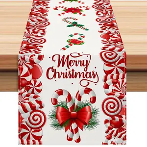 Christmas Table Runner Candy Letter Print, Holiday Party Table Decor, Linen Textile, Festive Home Decoration, Single Piece
