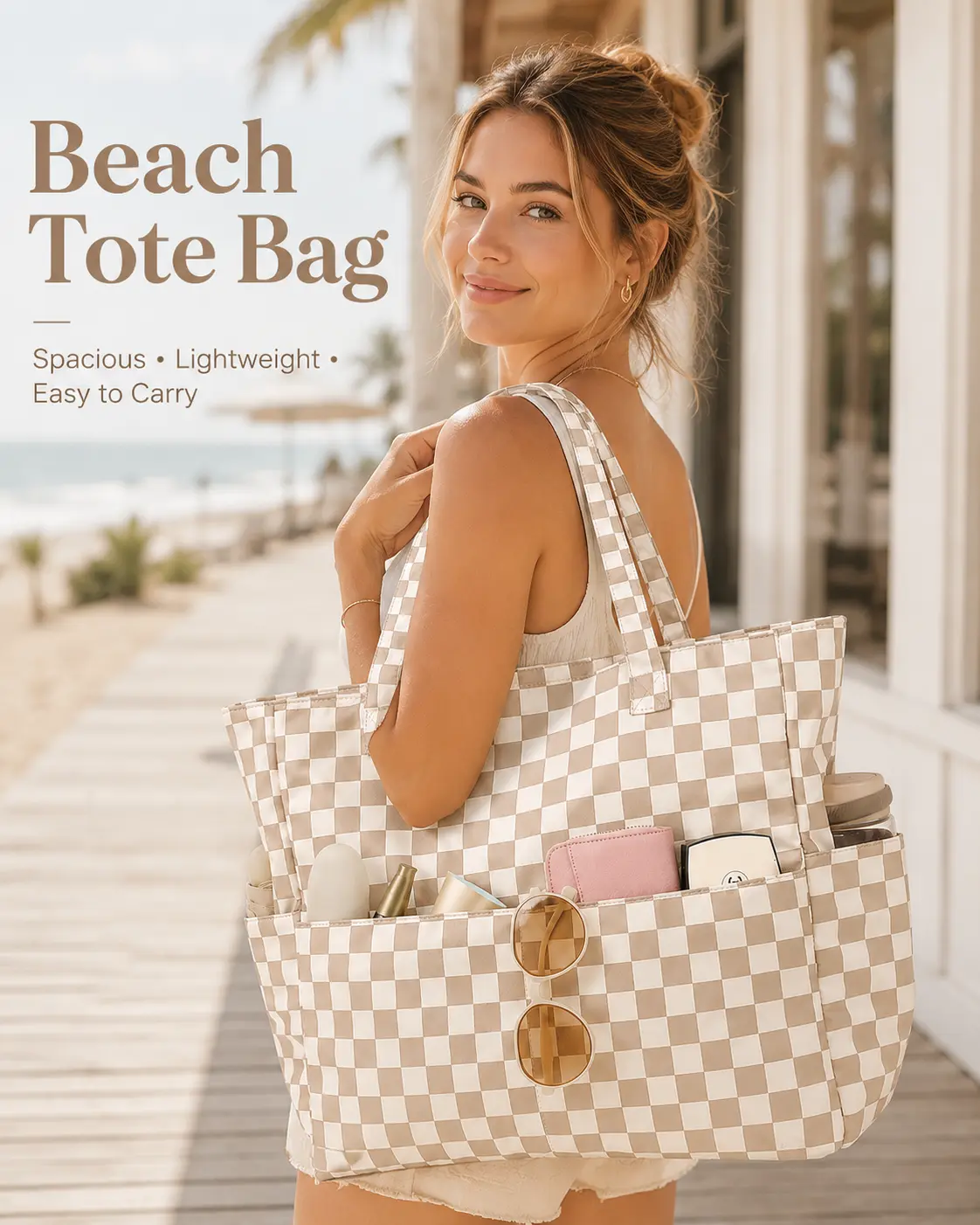 Women’s Large Quilted Beach Tote Bag, Lightweight Multi-Pocket Travel & Pool Bag with Zipper Closure, Spacious Shoulder Carry Tote for Swim, Gym, Cruise, Grocery Shopping, Weekend Trip, Vacation, Work & Daily Essentials