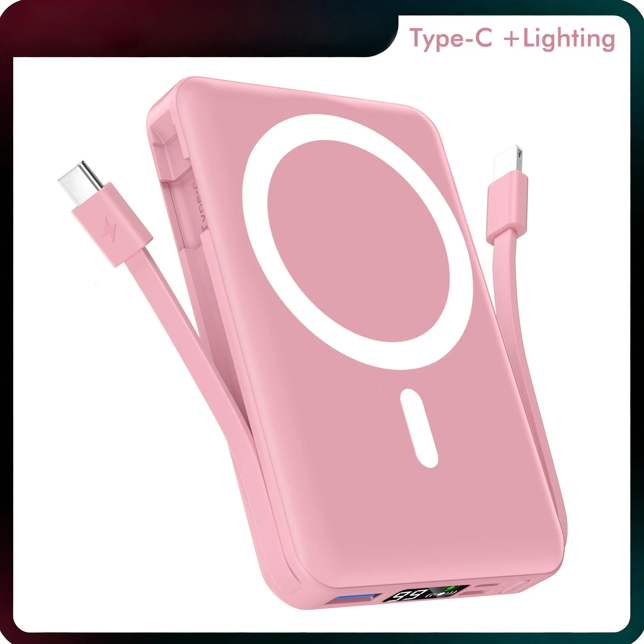 Podoru 10000mAh Silicone Magnetic Power Bank, Mobile Smartphone Accessories, Built-in Lightning & USB-C Cables, 15W MagSafe Wireless, 20W Fast Chargeable, LED Display Portable Charger for iPhone 17/16/15/14/13/12